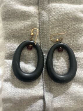 Ashley Pittman Black Horn Oval Drop Earrings with Garnet Bead Gold Hooks